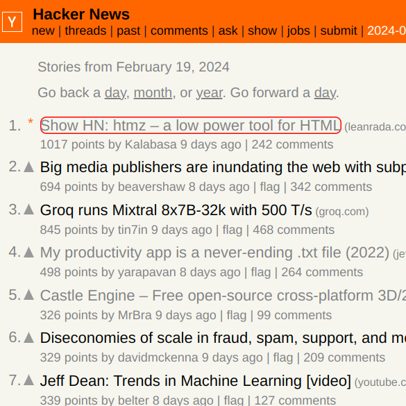 screenshot of HN. Stories from February 19, 2024. 1. Show HN: htmz – a low power tool for HTML (leanrada.com). 1017 points by Kalabasa 9 days ago | 242 comments